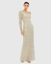 Beige Embellished One Shoulder Asymmetrical Gown